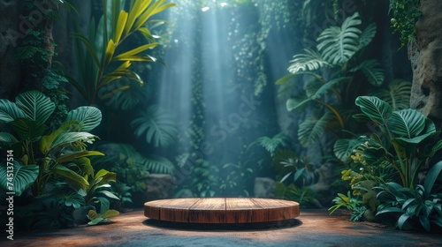 Drewniana platforma znajdująca się w dżungli, otoczona gęstą roślinnością. photo