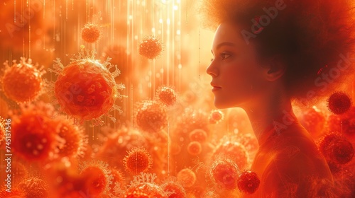 Kobieta stoi przed grupą pomarańczowych wirusów i bakterii photo