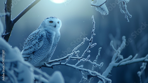 Snowy owl sitting in the snow in front of full moon