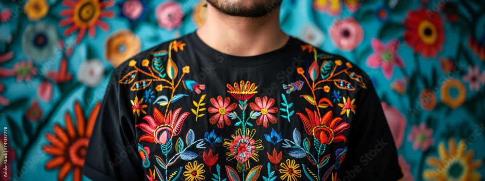 Obraz premium Cinco de Mayo traditional colorful Mexican embroidery pattern design on a black t-shirt on beautiful man model. Fashion concept portrait.