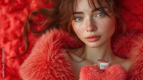 Młoda i piękna kobieta o niebieskich oczach romantycznie pozująca w jaskrawym czerwonym futrze z perfumem z napisem mnie