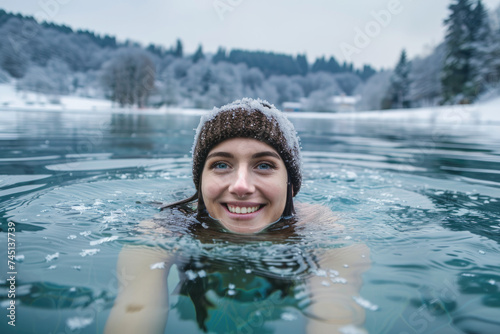 happy adult woman swim in the lake in middle of beautiful natural winter snowy landscape, healthy life concept © Kien