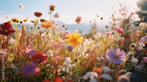 A vibrant meadow filled with wildflowers swaying in the breeze, radiating a sense of natural beauty and tranquility
