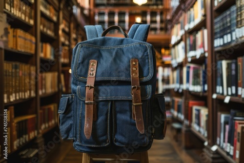 school books textbooks backpack with library background 