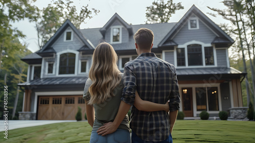 young couple standing in front of their dream house. Generative AI