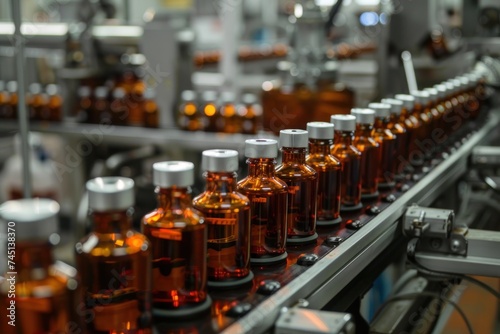 Medical vials on production line at pharmaceutical factory, Pharmaceutical machine working pharmaceutical glass bottles production line 