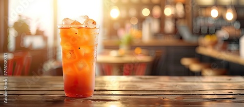A tall glass filled with orange Thai iced tea sits on a wooden coffee shop table, the cool and refreshing beverage beckoning to be enjoyed. © TheWaterMeloonProjec