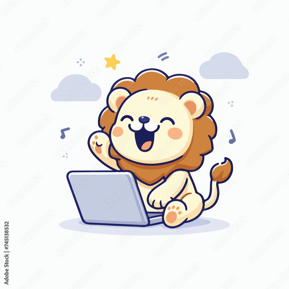 Adorable Lion Playing Joyfully with Tablet in Animal-Tech Flat Design Illustration Adorable Lion Playing Joyfully with Tablet in Animal-Tech Flat Design Illustration