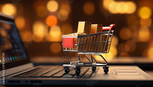 online shopping concept with shopping cart with boxes on blurred laptop background. 