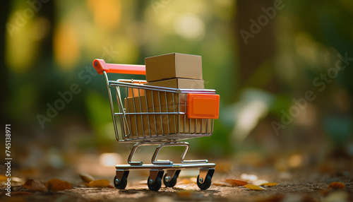 online shopping concept with shopping cart with boxes on blurred background. 