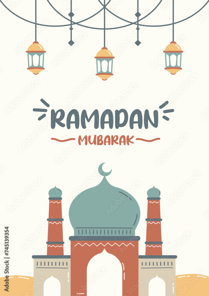 Happy ramadan mubarak template for covers, social media, cards, and others. Playful design with cartoonist mosque illustration and fun typography.