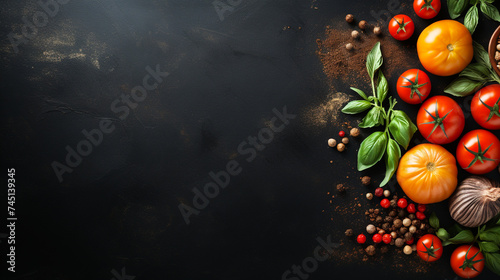 Dark background with vegetables and tomatoes There is space for placing food products. The idea of combining products with a beautiful background.