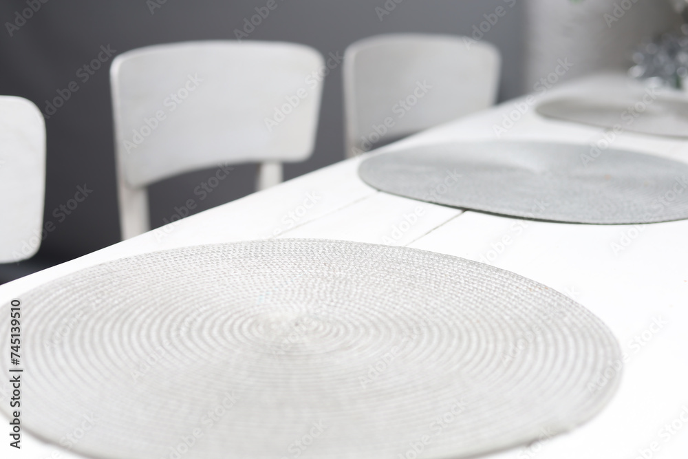 Home interior. Kitchen space. White table and chairs. Home interior. Kitchen space. White table and chairs.