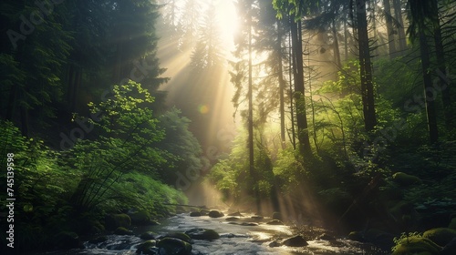 Sunlight filters through misty cascades, illuminating the hidden treasures of lush, verdant forests.