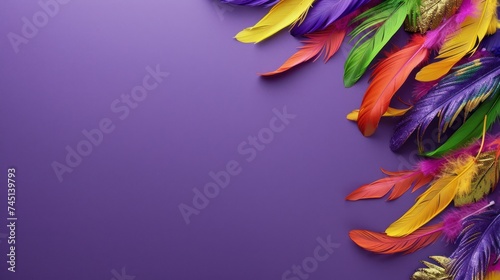 Feathers on a purple background, suitable for design with copy space, Mardi Gras celebration