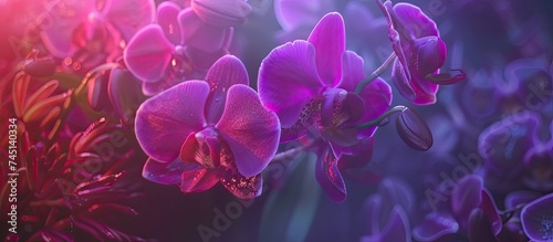 A close-up view of a bunch of purple orchid flowers arranged neatly in a transparent glass vase. The vibrant purple hues of the blooms stand out against the green stems and leaves, creating a striking