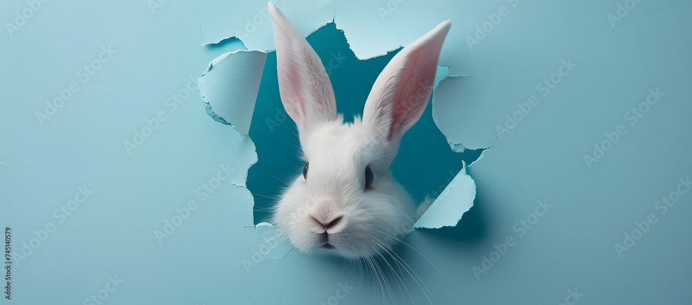 easter bunny looking out of a hole in a blue wall. Generative AI
