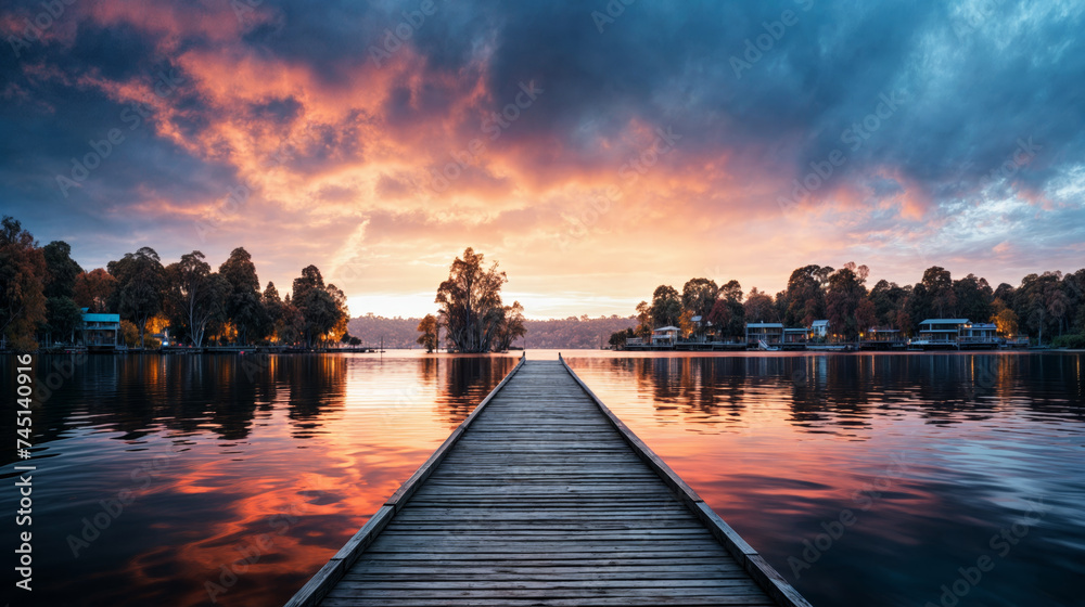 Serene Lakeside Sunset with Vibrant Sky and Reflective Water on a Tranquil Dock Serene Lakeside Sunset with Vibrant Sky and Reflective Water on a Tranquil Dock