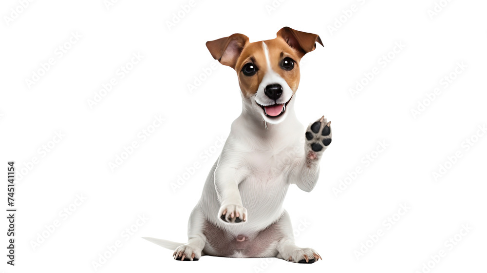 Portrait of cute puppy of Jack Russell Terrier rising hand towards camera isolated on white or transparent background