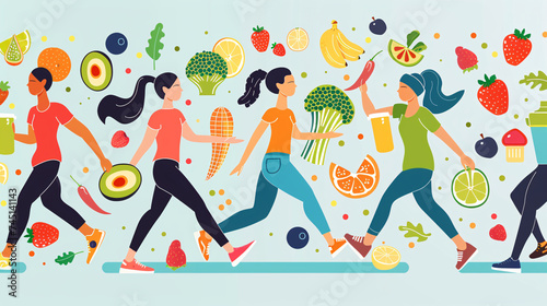 ilustration of people with fruits love healthly life