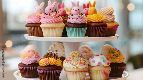 A collection of Easter cupcakes with rich, colorful toppings and Easter bunny motifs, on a white tiered cake stand