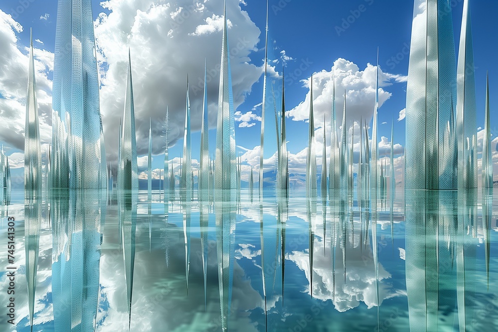 A network of biotech spires rises from the depths of a crystalline lake, their reflective surfaces mirroring the azure sky above. - obrazy, fototapety, plakaty 