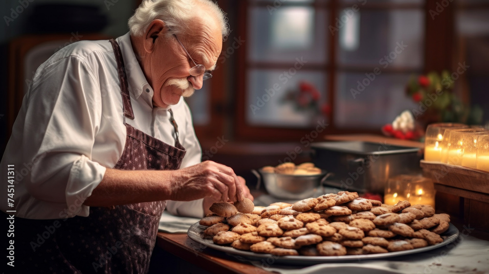 Senior Man Baking Cookies in a Warm Kitchen. Senior Man Baking Cookies in a Warm Kitchen.