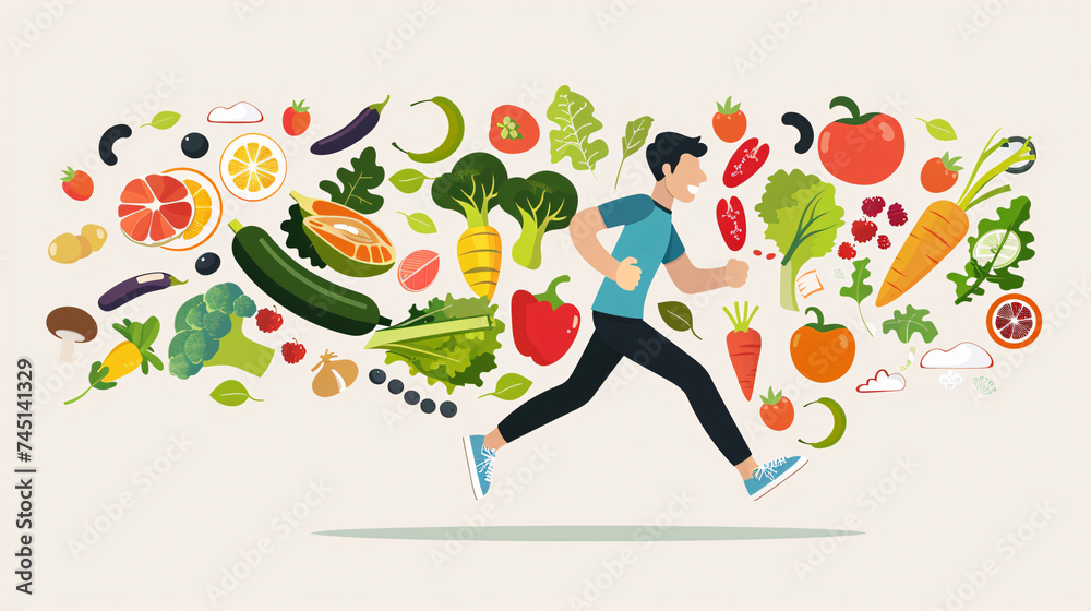 Fototapeta premium ilustration of running woman with fruits love healthly life