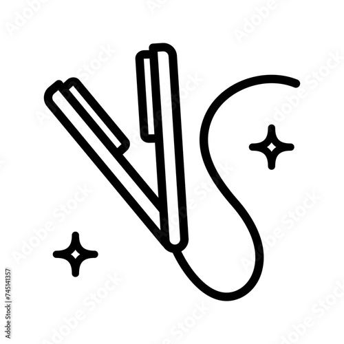Hair straightener linear icon. Temporary straightening curly hair by heating. Hairdresser tool. Contour symbol. Vector isolated outline drawing