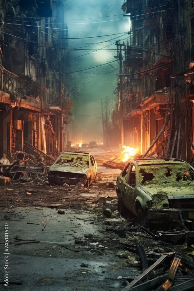 Apocalyptic Urban Landscape with Abandoned Cars.
