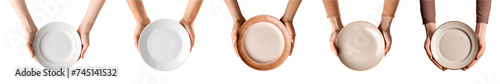 Collection of hand holds empty plate on transparent background, top view