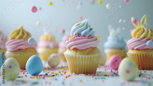 A delightful scene of Easter cupcakes with sprinkles and frosting in the shapes of eggs and bunnies  against a white background