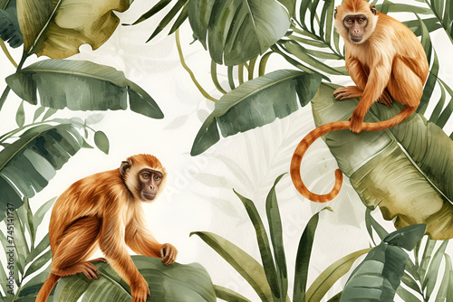 Watercolor pattern for children's rooms wallpapers. Funny monkeys on liana branch with jungle palm leaves. Design for clothes, apparel printing, poster or cover. AI Generative photo