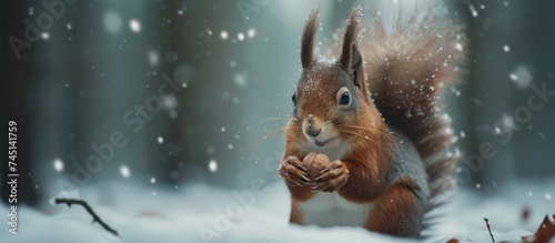Canvastavla An Eurasian red squirrel is shown eating a nut while surrounded by snow