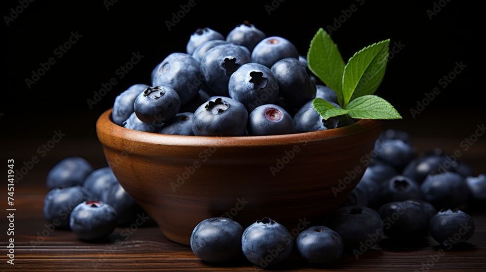 Organic ripe blueberries and fresh spearmint in rustic clay bowl on wooden table Organic ripe blueberries and fresh spearmint in rustic clay bowl on wooden table