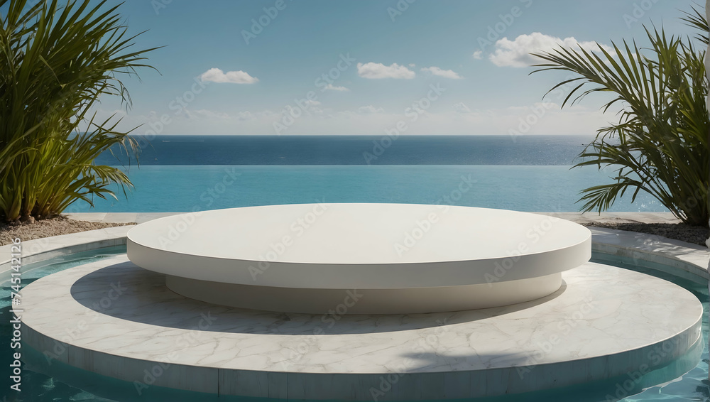 Podim round white, mockup template, for displaying cosmetics, merchandise, pool background