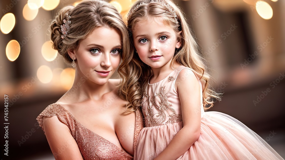 Beautiful young woman with her little daughter european banner pink peach evening dress birthday wedding celebrationb hairdress shining bokeh background copy space Beautiful young woman with her little daughter european banner pink peach evening dress birthday wedding celebrationb hairdress shining bokeh background copy space