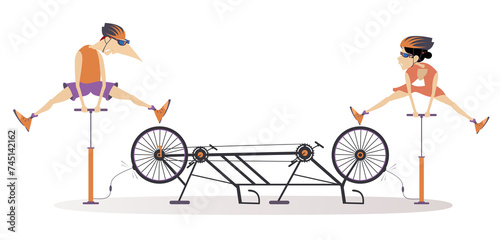 Broken tandem bike. Cyclist man cyclist woman inflating the wheel on the tandem bike. Sportsperson repairs the bicycle