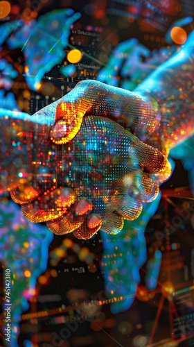 Illustrate a close up of a handshake against a digital world map symbolizing global business partnerships © Thanapipat