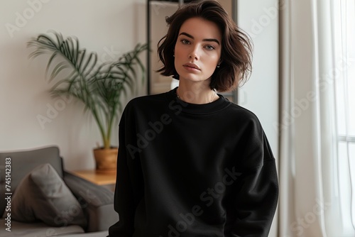 Cozy Chic: Woman's Sweater Mockup, Casual Elegance: Woman Wearing Sweater Mockup
