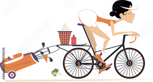 Young man on the bicycle on the way to golf course. Cartoon cycling woman in going to play golf