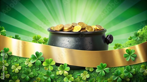Pot of gold and clover leaves. St.Patrick s Day background