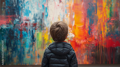 Unrecognizable child looking at modern art painting, generative ai