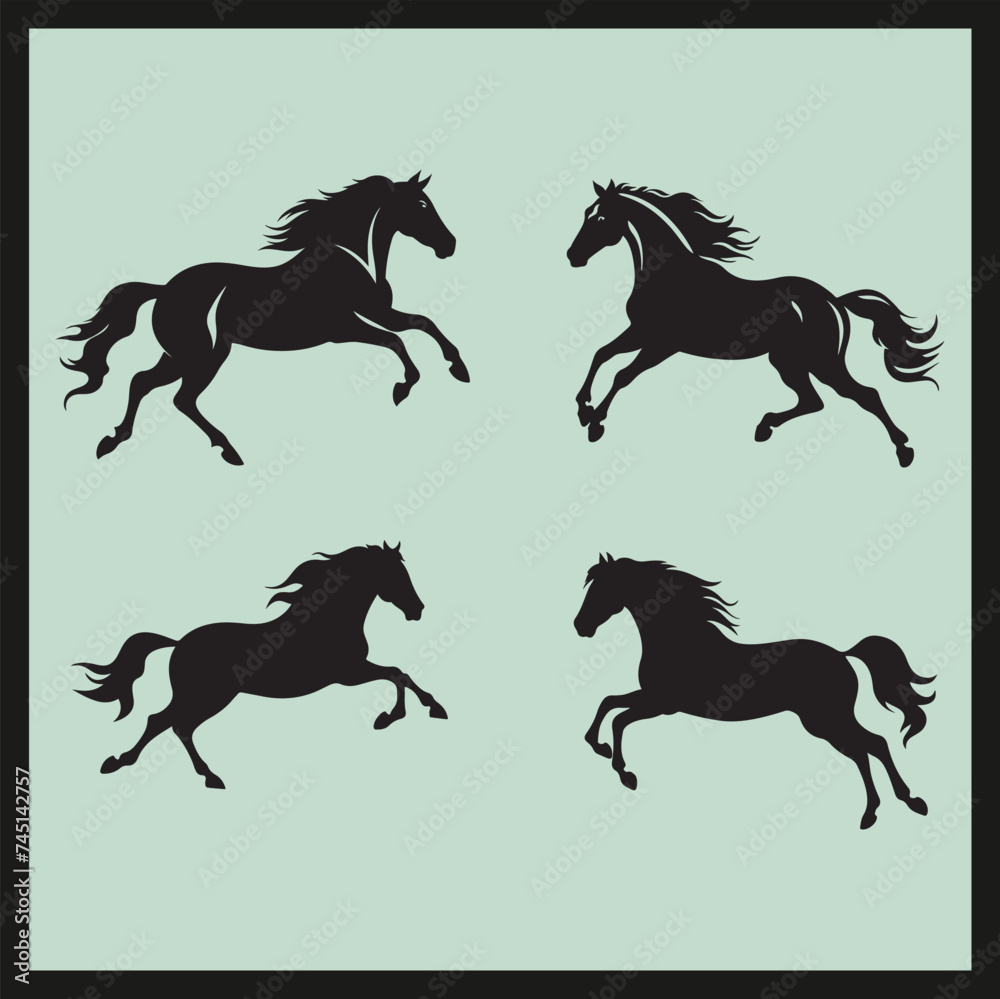 set of horses, Horse Gallop black Silhouette vector set of horses, Horse Gallop black Silhouette vector