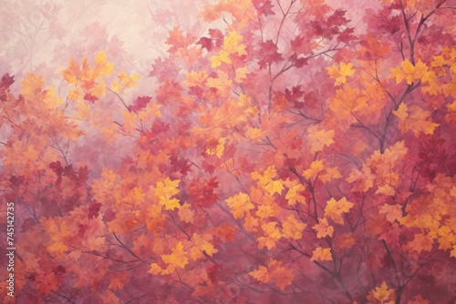 Vibrant Autumnal Trees Painting with Rich Red and Golden Hues.