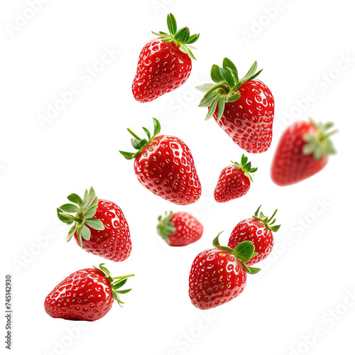 Falling strawberries isolated on white or transparent background