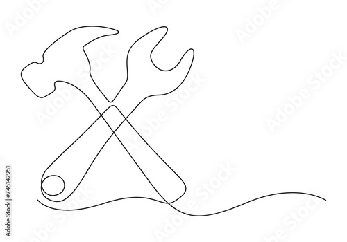 Continuous single line drawing of hammer and wrench. Auto service concept. Vector illustration. Free vector