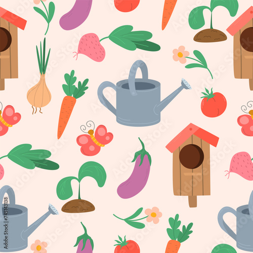 Spring pattern with flowers, vegetables and soda tools. Hand drawn vector illustration.