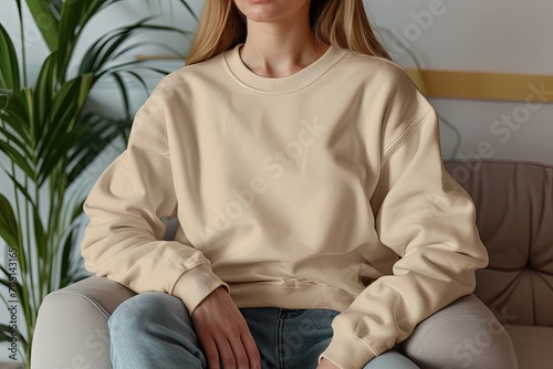 Cozy Chic: Woman's Sweater Mockup, Casual Elegance: Woman Wearing Sweater Mockup