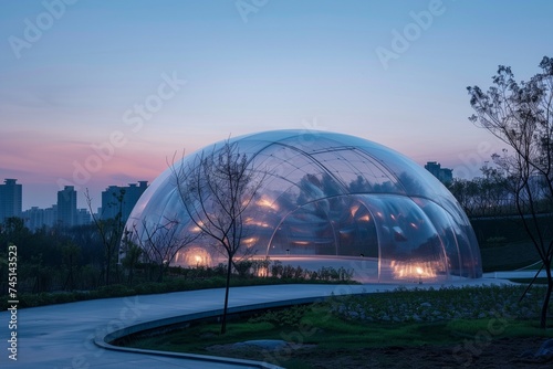 An ethereal, translucent dome stretching seamlessly across a tranquil landscape, refracting the glow of a distant cityscape.